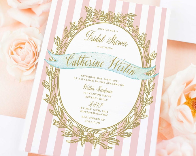 Pink invitation - bridal shower invitation - pink stripes invitation - calligraphy - mint stripes invitation - Pretty invitations