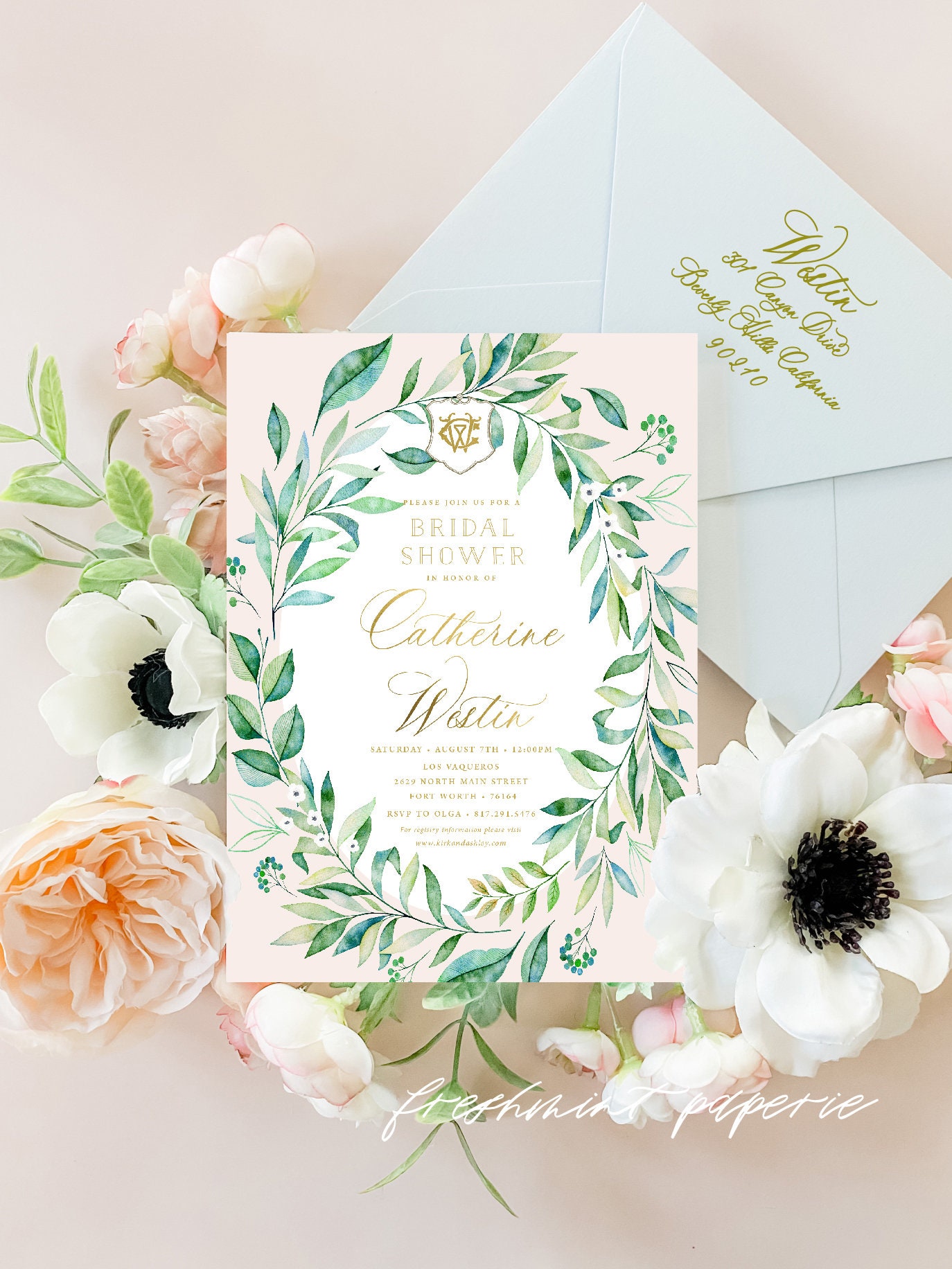 Bridal Shower Invitation Eucalyptus wreath invitation Eucalyptus invitation calligraphy