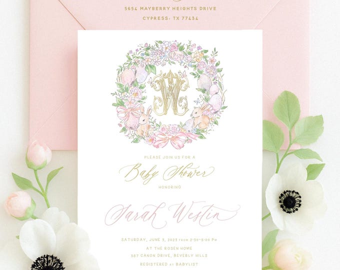 Bunny Baby Shower Invitation, Spring Easter, Watercolor