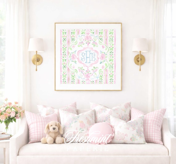 Monogram Wall Art, Monogram, Medallion, Grandmillennial, Watercolor