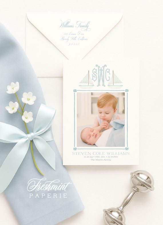 Nautical Birth Announcement, Boy Birth Announcement, Birth Announcement, Nautical, Sail Boat, Newborn card, Welcome Baby, Grandmillennial