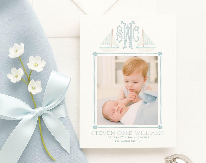Nautical Boy Birth Announcement: Watercolor Sailboat Card