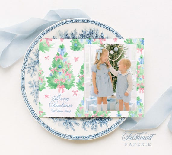 Christmas Tree Photo Holiday Cards: Pink bow Ornaments, Blue Bow, Grandmillennial