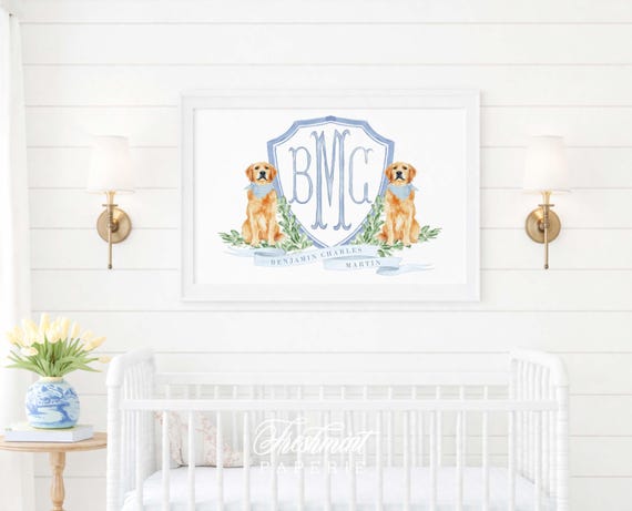 Golden Retriever Nursery Monogram Crest Wall Art Print