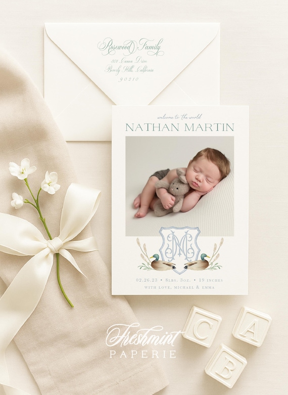 Mallard Duck Birth Announcement, Boy Birth Announcement, Birth Announcement, Monogram Birth Announcement, Welcome Baby