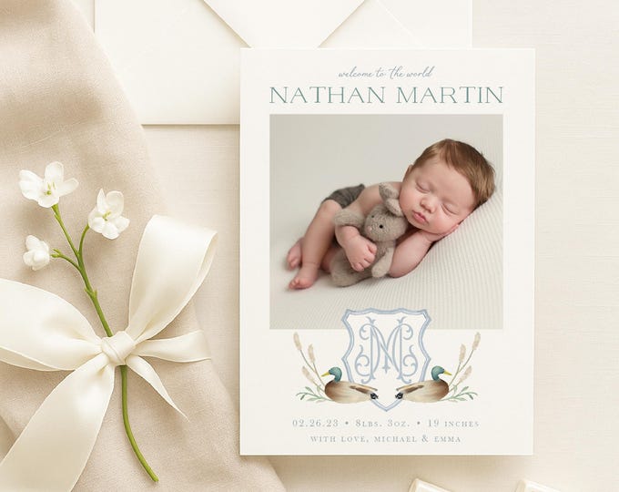 Watercolor Mallard Duck Boy Birth Announcement