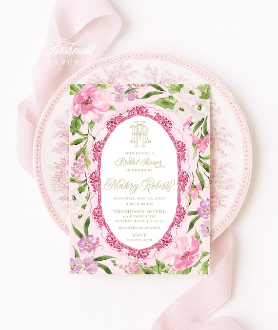 Floral Crest Bridal Shower Invitation: Monogram, Pink Toile