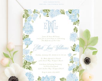 Blaue Hortensie Taufeinladung: Monogramm Taufe Widmung