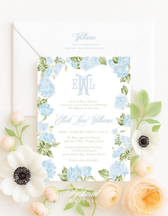 Hydrangea Baptism invitations, Blue Monogram invitation, Christening Invitation, Dedication invitation, Hydrangea invitations, Hydrangea
