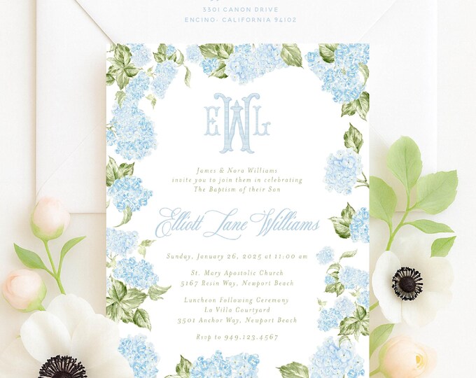 Blue Hydrangea Baptism Invitation: Monogram Christening Dedication