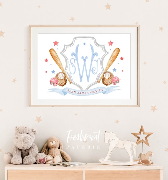 Baseball crest nursery wall art, Sports wall prints, Nursery name print, Baseball Monogram, Personalized Baseball Gift, Watercolor