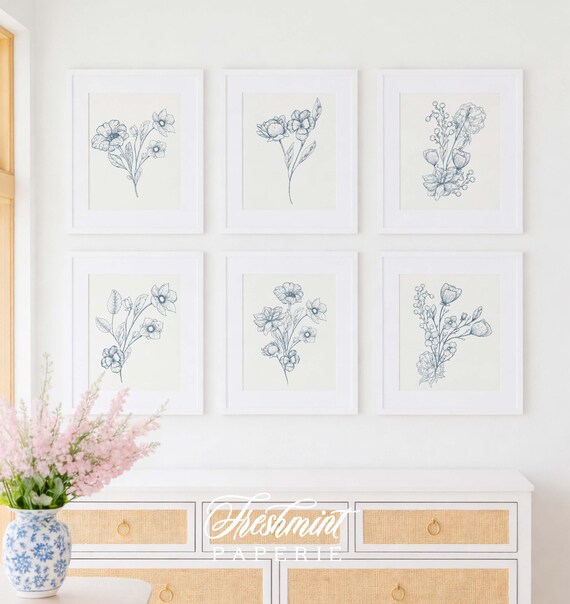 Blue Botanical art Prints, Floral Wall Art, Vintage Botanical Prints, Set of 6