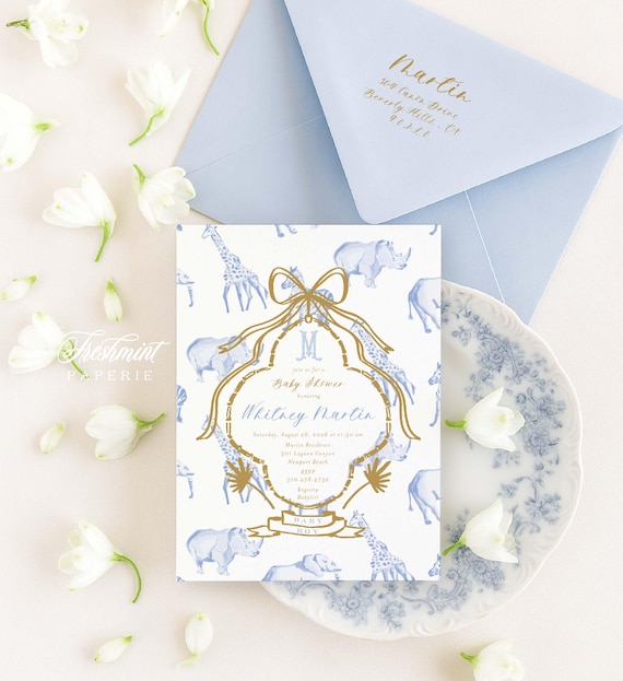 Blue Watercolor Safari Baby Shower Invitation