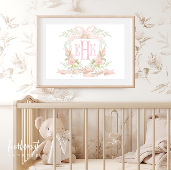 Watercolor monogram Floral nursery Wall Art, Nursery name print, Monogram Nursery, Custom nursery wall art, Whimsical floral nursery art