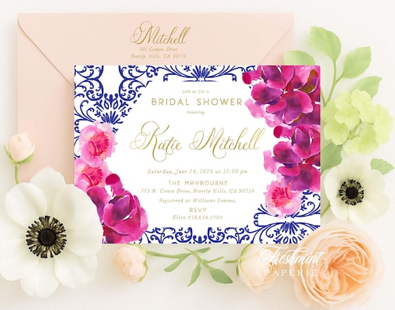 Watercolor floral invitation - Chinoiserie floral invitation - Bridal Shower Invitation - Chinoiserie invitation - hot pink floral