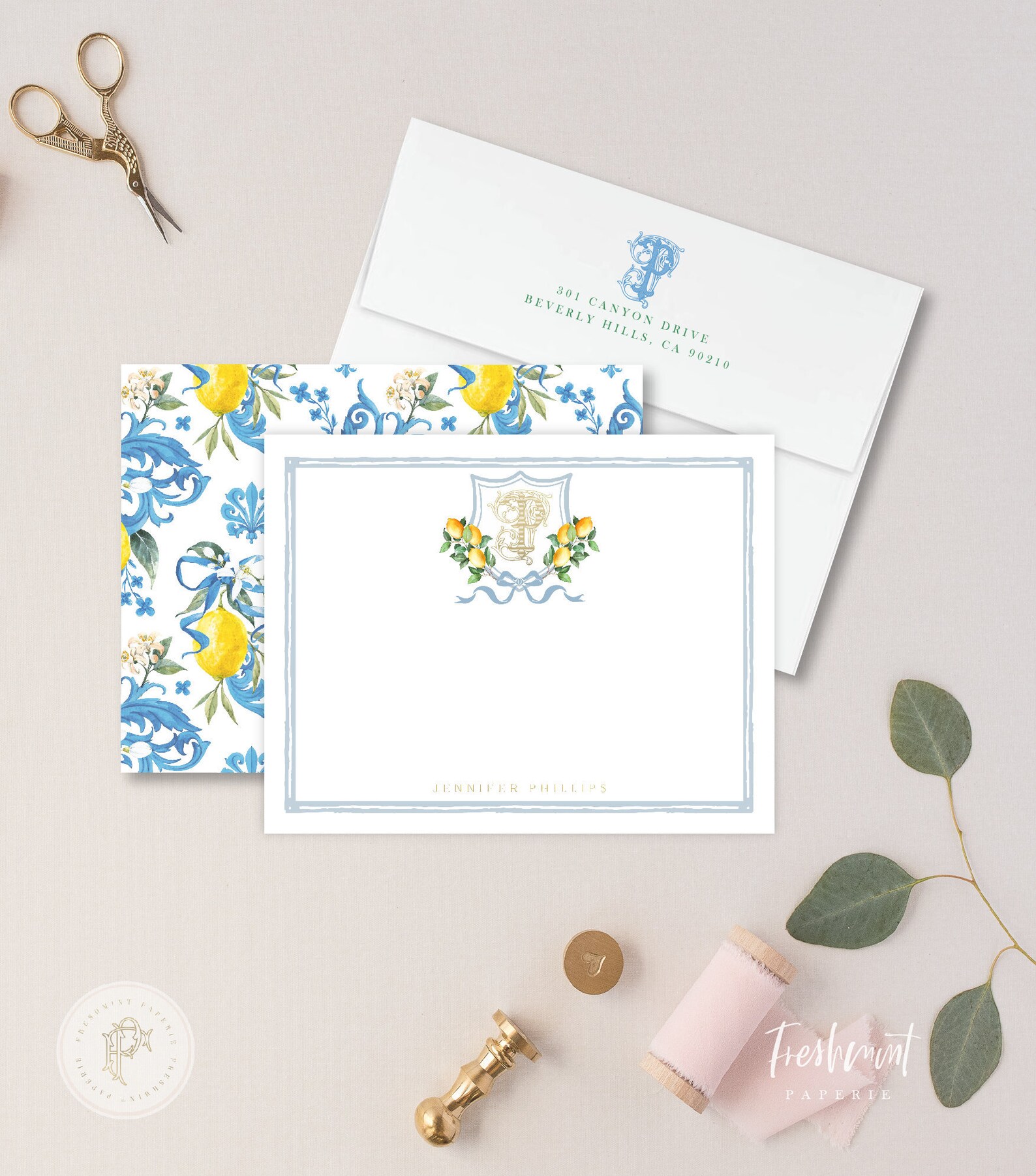 Personalized Stationery Monogram Note Cards Lemon Monogram | Etsy