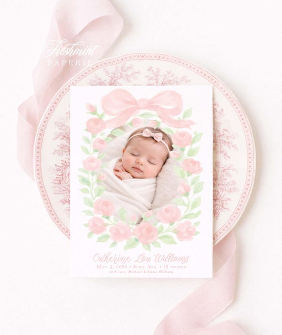 Watercolor Girl Birth Announcement, New Baby, Monogram, Pink Floral Bow