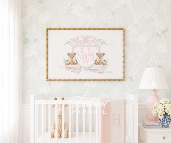 Teddy Bear Nursery Art: Custom Monogram Crest, Brown Bear Wall Decor