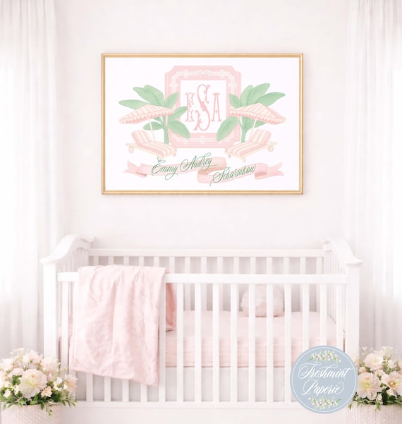 Palm Beach Nursery Print, Banana Leaf, Personalized monogram, Beverly Hills