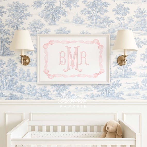Nursery wall art, Monogram Nursery Wall Art, Nursery name print, Watercolor Floral Nursery Print, Custom nursery wall art, Pink Bow