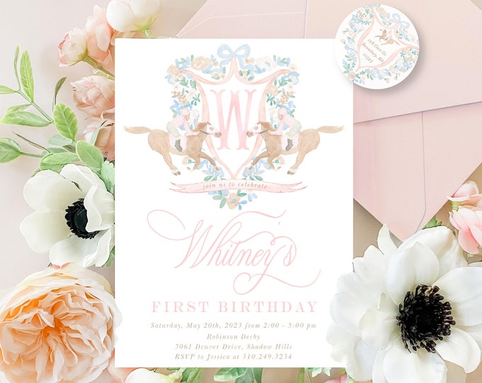 Derby Birthday invitation: Watercolor Horse Racing, Crest, Equestrian, Riding, Monogram, Jockey, Pink