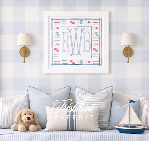 Monogram Wall Art, Nautical, Sailing, Flags, Watercolor