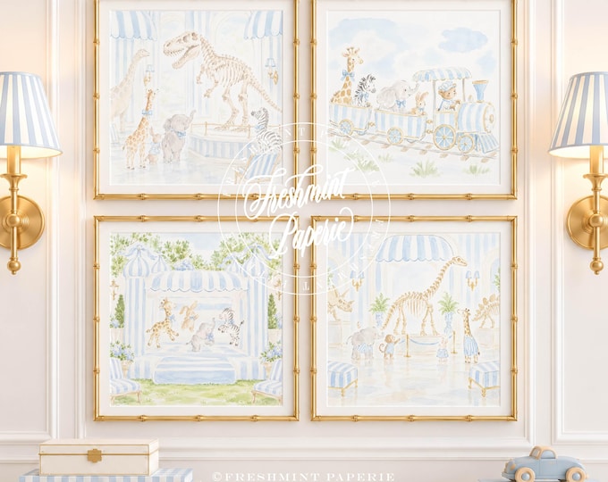 Nursery Art, Boys Room Prints, Grandmillennial, Dinosaurs,  Museum, Train, Set of 4