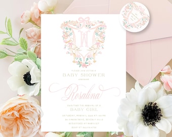 Watercolor Stork Baby Shower Invitation, Monogrammed, Pink