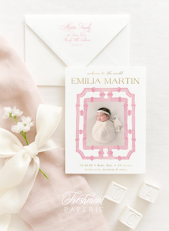 Pink Bamboo Crest Birth Announcement, Baby Girl Birth Announcement, Birth Announcement, Monogram Birth Announcement, Welcome Baby