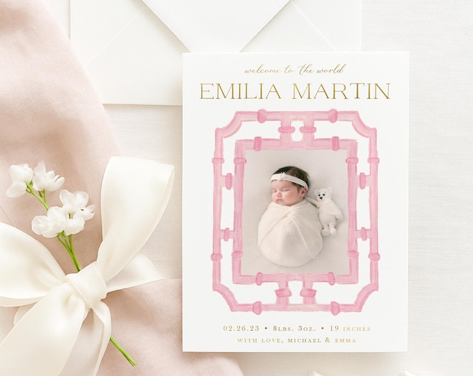 Pink Bamboo Frame Baby Girl Birth Announcement
