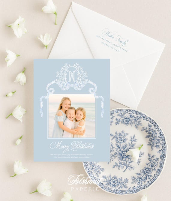 Blue Classic Monogram Photo Holiday Card: Custom Christmas Card