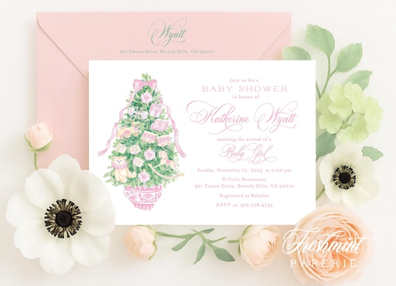 Pink Chinoiserie Christmas Tree Invitation: Ginger Jar, Rocking Horse