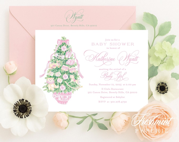 Pink Chinoiserie Christmas Tree Invitation: Ginger Jar, Rocking Horse