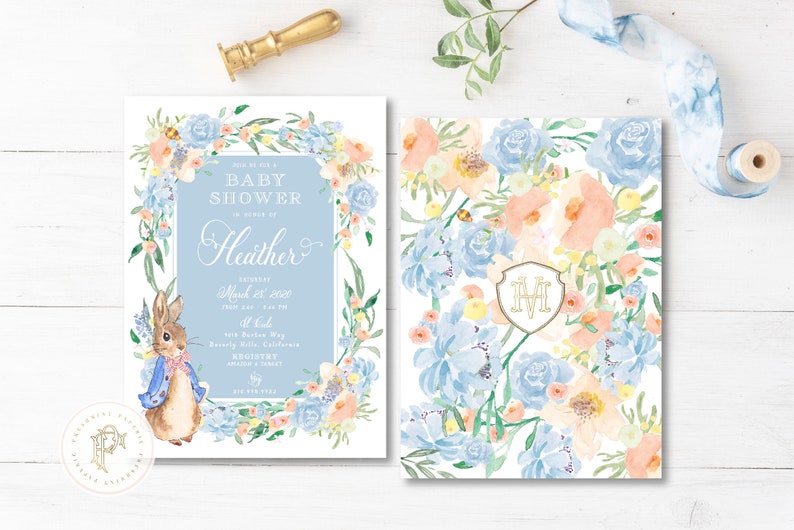 May include: A baby shower invitation with a blue and white floral design. The invitation features a watercolour illustration of a rabbit and the text "Join us for a Baby Shower in honour of Heather".