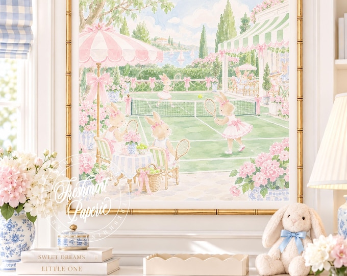 Nursery Wall Art, Bunny Tennis, Grandmillennial, Chinoiserie
