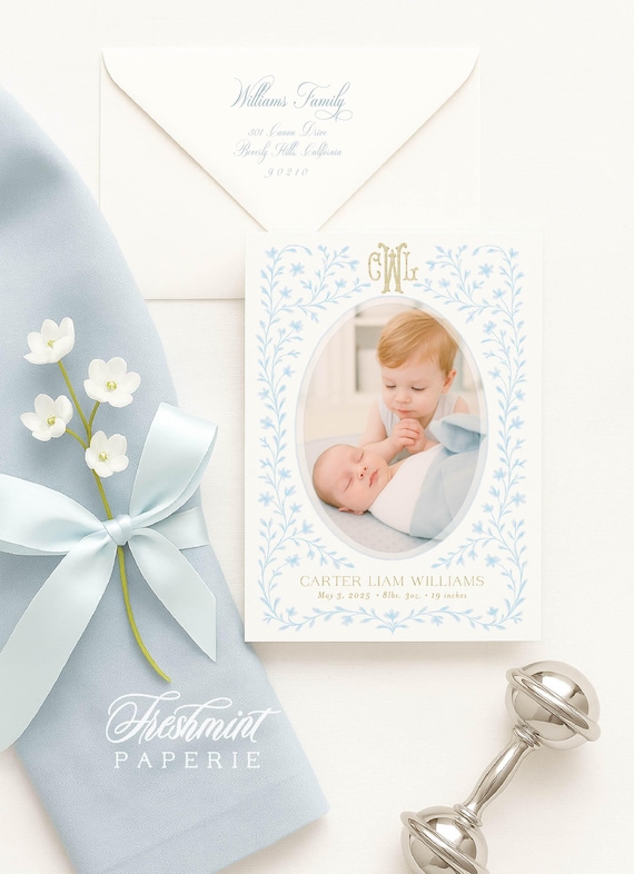 Watercolor Birth Announcement, Boy Birth Announcement, Birth Announcement, Blue Bow Birth Announcement, Birth Announcement, Welcome Baby