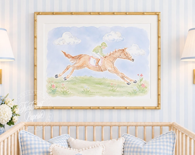 Derby Nursery wall art, Watercolor, Grandmillennial, Floral, Horse, Equestrian, Jockey