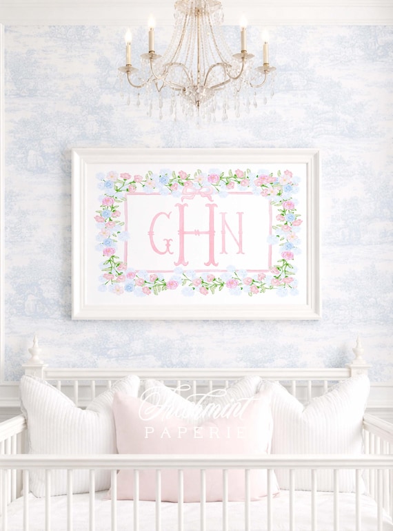 Watercolor Floral Monogram Nursery Art, Pink Bow, Flowers