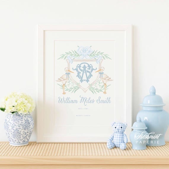 Stork wall art, Nursery wall art, Monogram Nursery Wall Art, Nursery name print, Newborn Sign, Announcement Crest, Welcome Newborn Sign