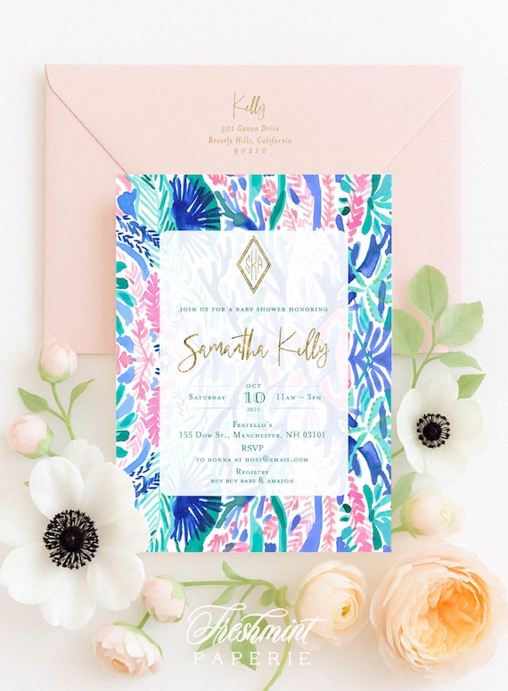 Tropical invitation | colorful bridal shower Invitation | Monogrammed |  Pink Baby Shower Invitation | Tropical | Watercolor