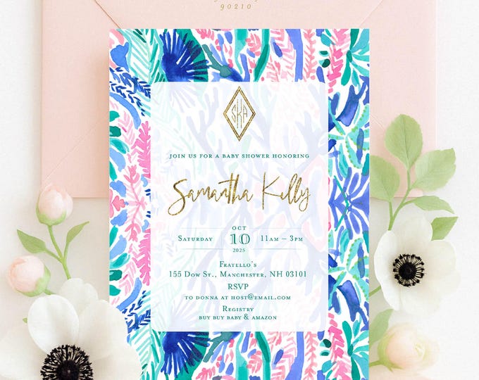 Tropical invitation | colorful bridal shower Invitation | Monogrammed |  Pink Baby Shower Invitation | Tropical | Watercolor