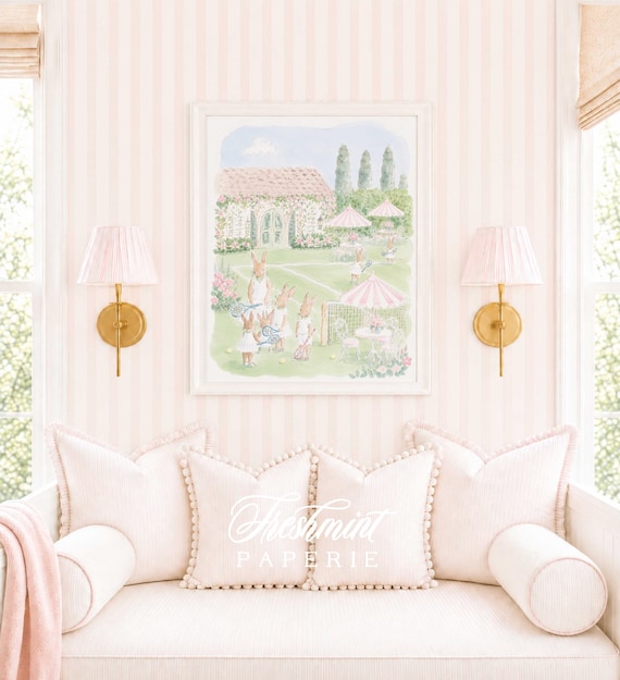 Bunny Nursery wall art, Tennis, Watercolor, Grandmillennial, Floral