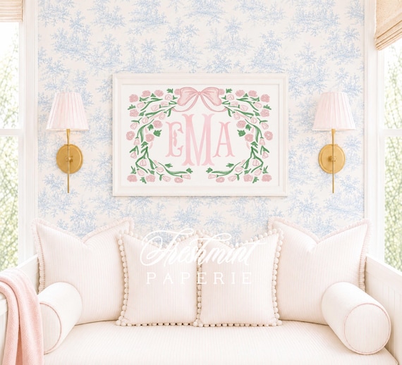 Monogram Nursery Print, Watercolor, Florals, Custom Wall Art