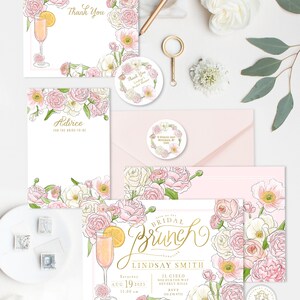 May include: Bridal brunch invitation with floral design. The invitation features a pink and white floral pattern with gold accents. The text on the invitation reads "Join us for Bridal Brunch" and "Lindsay Smith". The date and time of the event are listed as "Saturday, Aug 19, 2023, 11:00 am". The location is listed as "Il Cielo, 4018 Burton Way, Beverly Hills". The RSVP information is listed as "RSVP 310.278.6733".