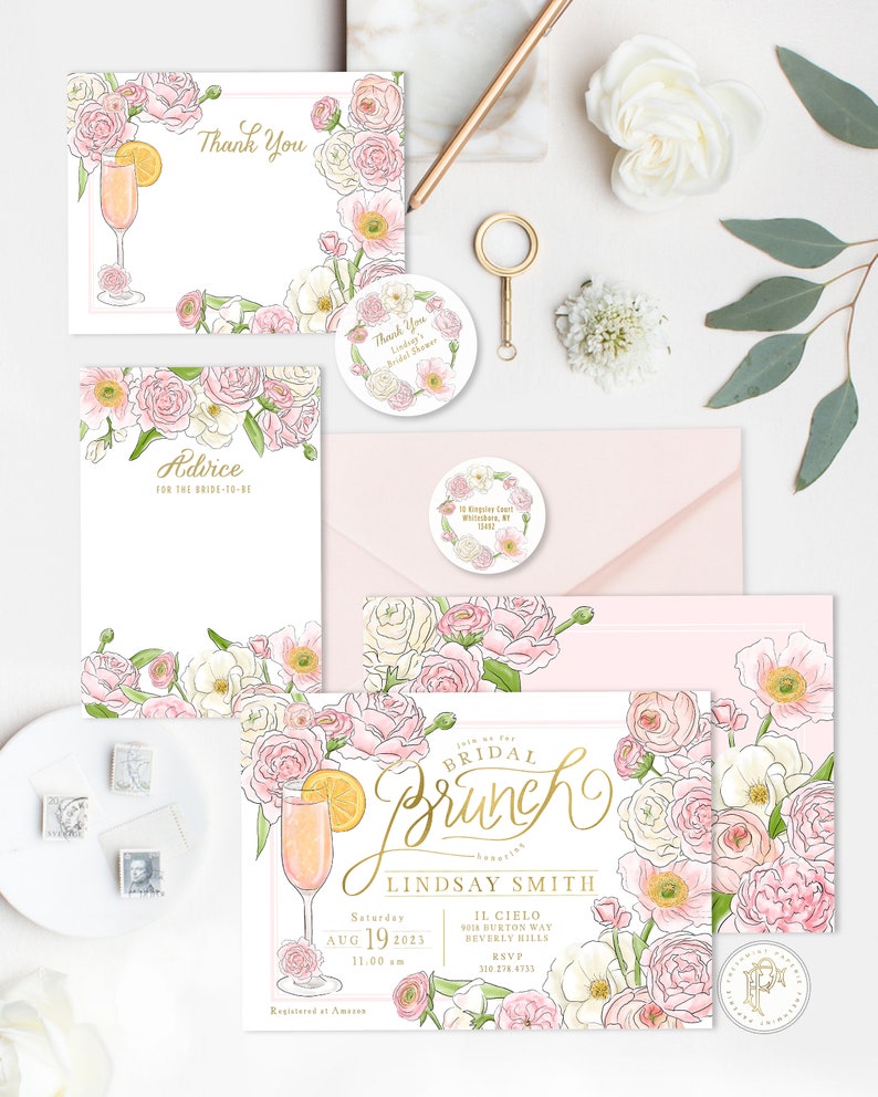May include: Bridal brunch invitation with floral design. The invitation features a pink and white floral pattern with gold accents. The text on the invitation reads "Join us for Bridal Brunch" and "Lindsay Smith". The date and time of the event are listed as "Saturday, Aug 19, 2023, 11:00 am". The location is listed as "Il Cielo, 4018 Burton Way, Beverly Hills". The RSVP information is listed as "RSVP 310.278.6733".