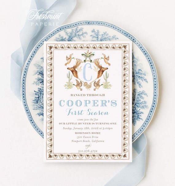 Deer Invitation, Mallard Duck invitation, Monogram, Crest, Birthday, Hunting, Fishing, Turkey, Cactus, white-tailed deer, elk, moose