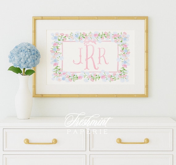 Watercolor monogram, Nursery Monogram, Pink floral Monogram, Nursery wall art, Whimsical floral nursery art, Ribbon, Baby Girl