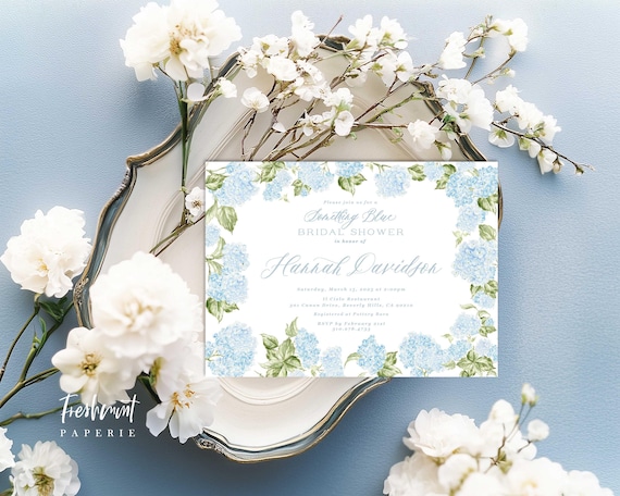 Bridal Shower Invitation, Something Blue invitation, Brunch Invitation, Blue Hydrangea invitation, Bridal Luncheon, Blue Hydrangeas