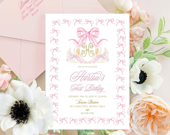 Swan Birthday Invitation: Pink Bow, Grandmillennial Crest