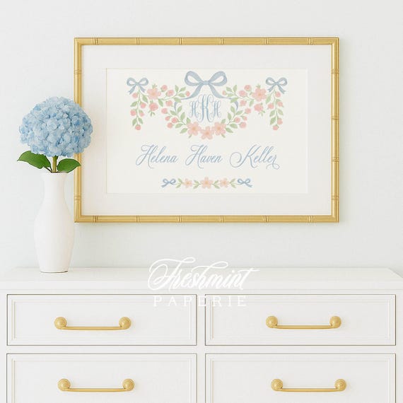 Watercolor monogram Floral nursery Wall Art, Nursery name print, Monogram Nursery, Custom nursery wall art, Whimsical floral nursery art